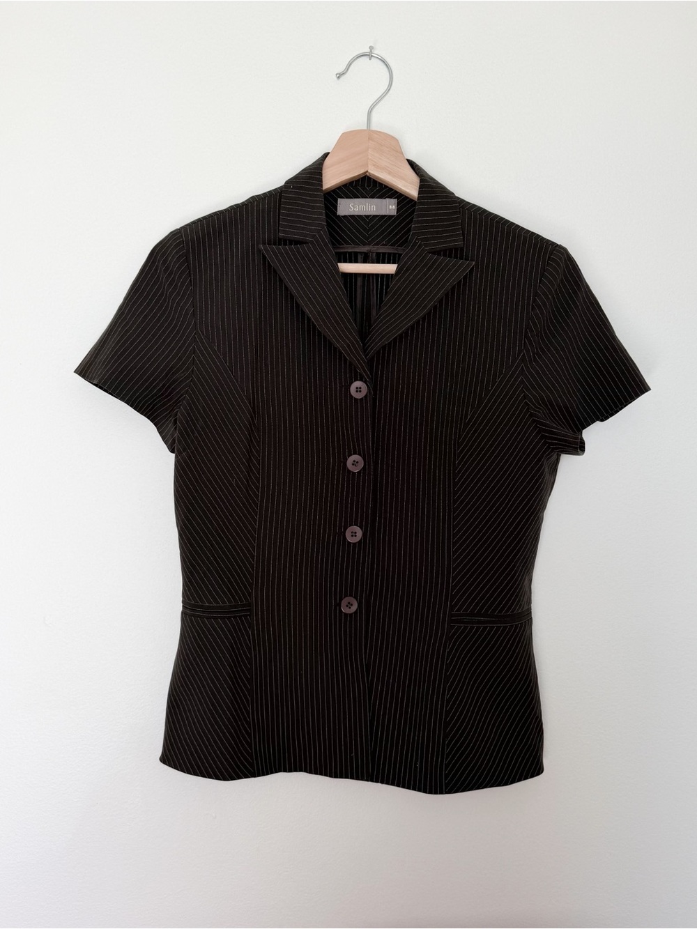 Classic Chocolate Brown Short-Sleeve Pinstripe Blazer Button Up Top